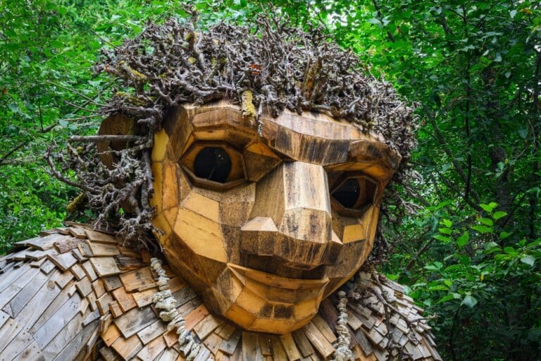 The face of Pia the Peacekeeper, a Thomas Dambo troll in Sakai Park, an easy 1-mile walk from the Bainbridge Island Ferry terminal.