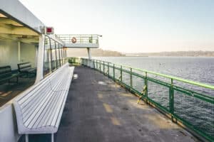Exterior deck on WSF approaching Eagle Harbor. For great Washington getaways take the ferry to Bainbridge Island.